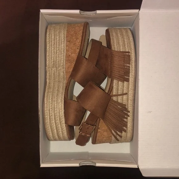 Comfort Cognac (Brown) Fringe Wedges - Picture 1 of 12